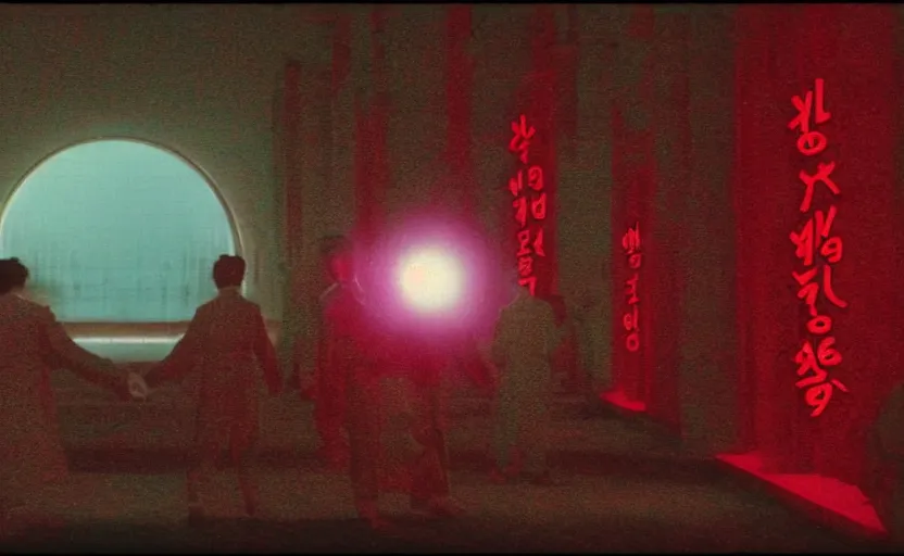 Image similar to light coming out of one starfish - like kaiju anthropomorphic monster, korean film noir by kim jong - il, korean traditional palace, pyongyang city, 1 9 6 0 s, red color bleed, 4 k, video compression, video glitch, monochrome, akira kurosawa, mamoru oshii, wes anderson, stanley kubrick