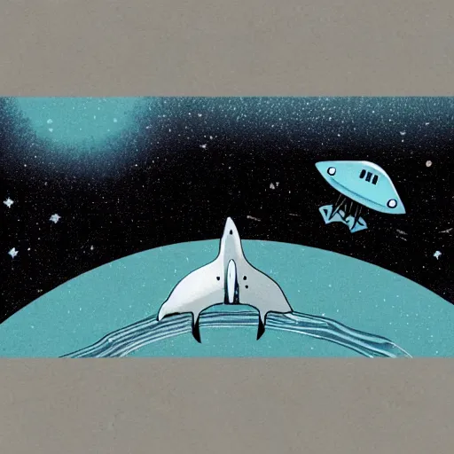 Prompt: a whale alien wistfully watches a spaceship fly away, sci-fi illustration,