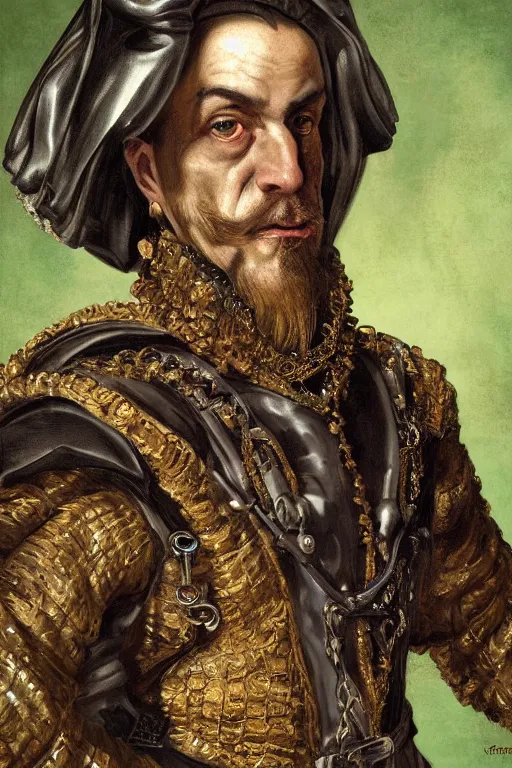 Image similar to portrait, headshot, digital painting, of a 17th century, regal, old, middle eastern, decadent, cyborg nobleman, dark hair, gasmask, amber jewels, baroque, ornate dark green opulent clothing, scifi, futuristic, realistic, hyperdetailed, concept art, chiaroscuro, Frans Hals style