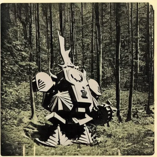 Image similar to polaroid photo of a unicron! in a forest in the 1 9 6 0 s