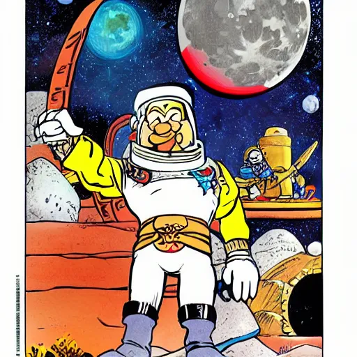 Prompt: asterix on the moon in a soviet spacesuit, uderzo, comics colors