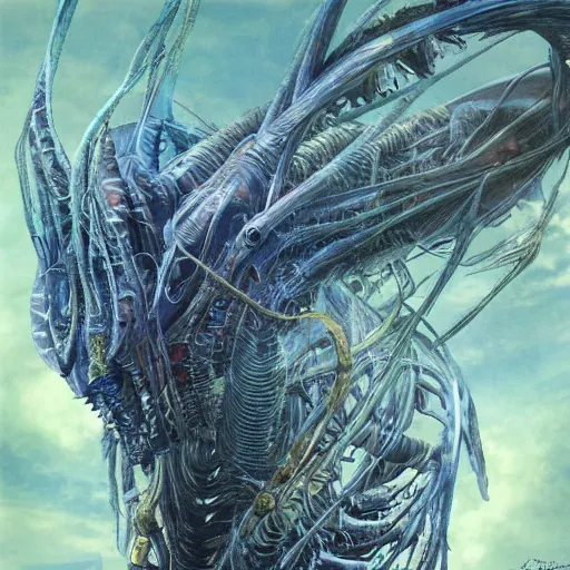 Prompt: a simple concept art portrait of a predatory alien species. an award winning yoshitaka amano digital art poster color painting. a masterpiece by james gurney. poster colour on canvas.