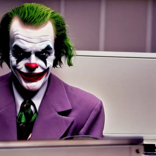 Image similar to jack nicholson as joker working in a cubicle at a computer in 1 9 8 9, fleshtone facepaint coming off, movie still, dslr