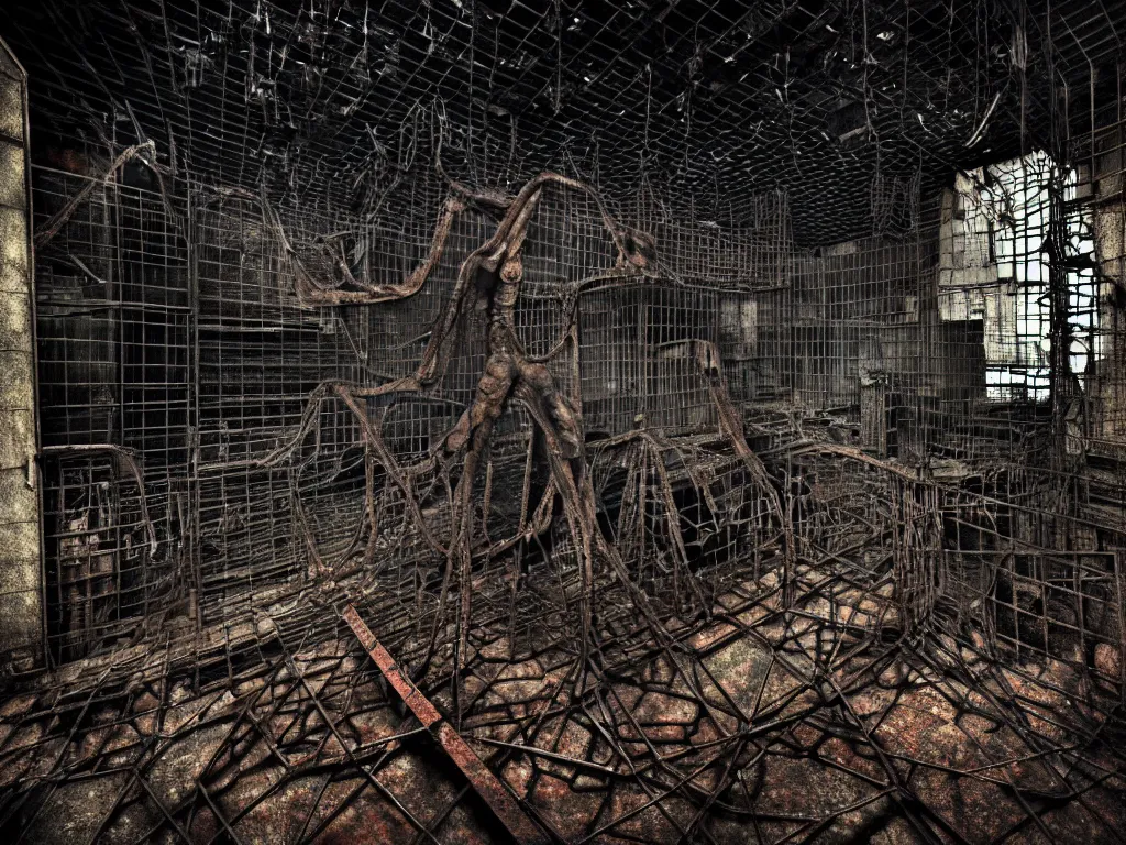 Prompt: An giant underground very gloomy multi-layered structure of rusty thick iron grids, dense chain-link fencing and peeling walls with multiple floors. In the center sits a creepy humanoid with very long limbs. Inside view, collapsed floors, bent rusted iron, masterpiece, macabre, black background, layers, corners, cinematic, hyperdetailed, photorealistic, hyperrealism, octane render, 8k, depth of field, bokeh, architecture, shadows, art by Zdzisław Beksiński, Arthur Rackham, Dariusz Zawadzki