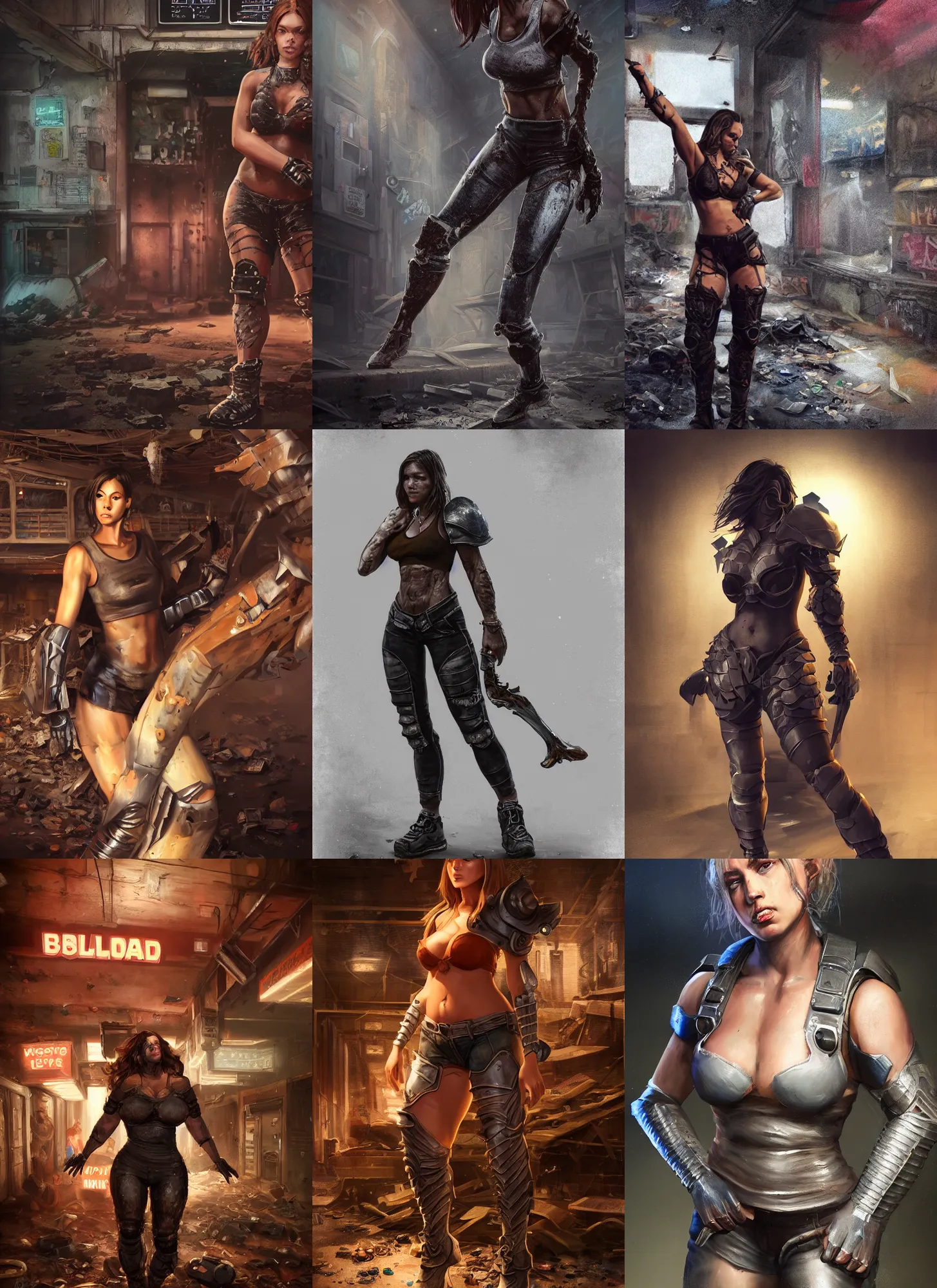 Prompt: hyper detailed ultra sharp full body matte character portrait of a woman wearing bulky armor standing in a destroyed dive bar doing an action pose, realistically proportioned face, cinematic lighting, good value control, smooth, realistic shading, realistic face details, smooth, highly detailed, digital painting, painted texture maps, illustration, substance painter