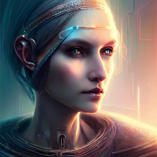 Image similar to cyberpunk robotic dark elvish queen, diadem on the head, extremely detailed, hyperrealistic, intricate, soft light, fantasy, digital painting, art station, perfect faces, fine details, by wlop