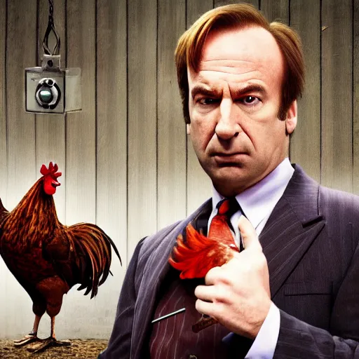 Image similar to saul goodman and a rooster in a saw movie torture chamber, saw movie jigsaw background, saul goodman, rooster, photo