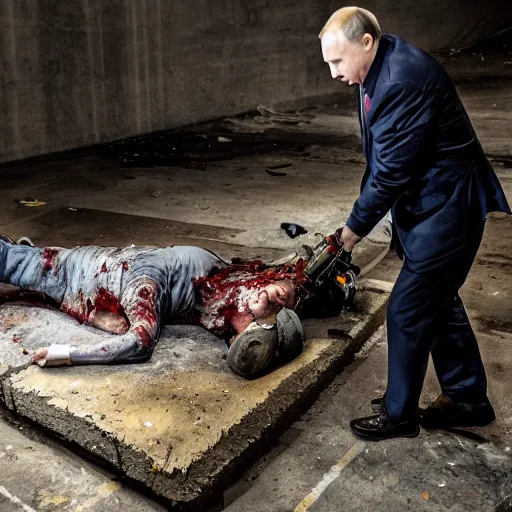 Image similar to putin with a chainsaw and a corpse. in a concrete bunker. focus on putins face with blood splatters. canon eos r 3, f / 1. 4, iso 1 6 0 0, 1 / 8 0 s, 8 k, raw, grainy