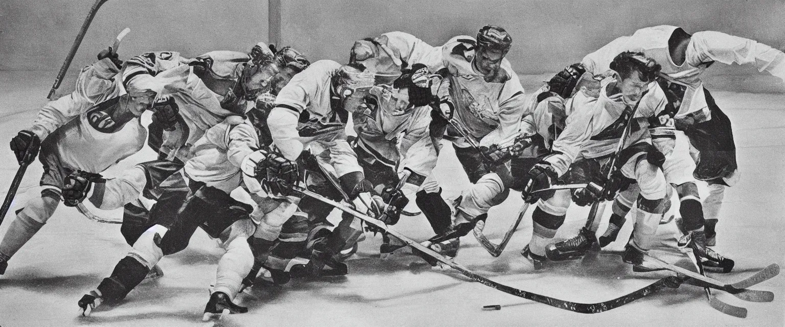 Image similar to detailed sharp photograph in the style of popular science circa 1 9 5 5 of a hockey game