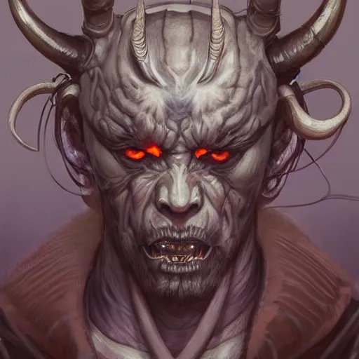 Image similar to portrait, cyberpunk japanese oni demon with horns, stern expression, long hair, highly detailed, digital painting, artstation, concept art, smooth, sharp focus, illustration, artgerm, tomasz alen kopera, peter mohrbacher, donato giancola, joseph christian leyendecker, wlop, frank frazetta