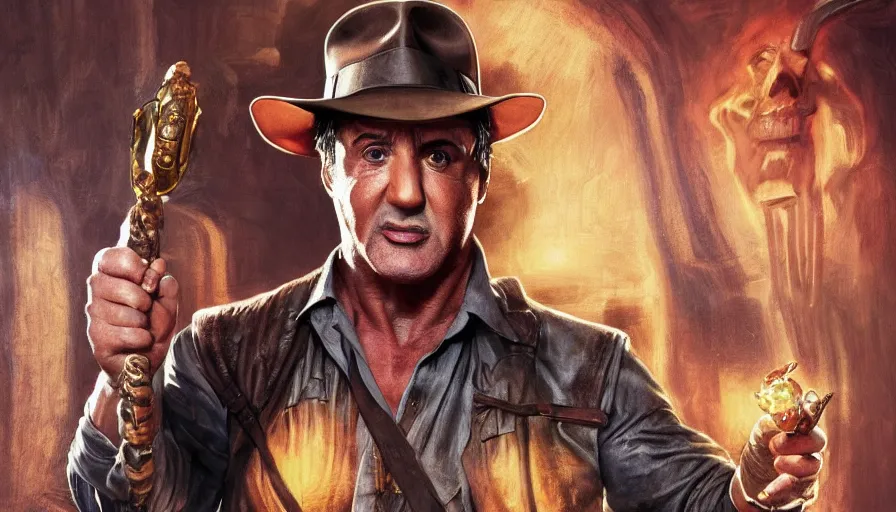 Image similar to sylvester stallone as indiana jones holding a whip in left hand and holding a golden mayan skull in the right hand, grey background, hyperdetailed, artstation, cgsociety, 8 k