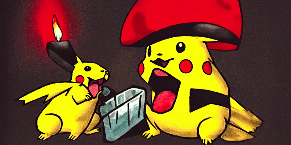 Image similar to pikachu devouring a dog, sharp teeth burtal eyes scary mouth dark room red candles trash bin