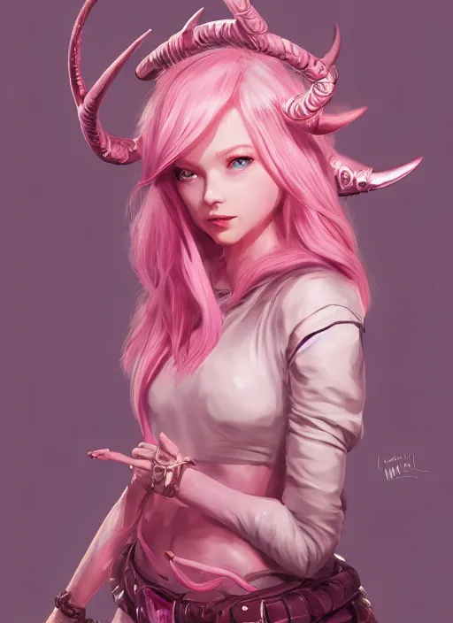 Prompt: a highly detailed illustration of cute smug pink haired pale girl with two curved horns wearing oversized pink hoodie, dramatic smirk pose, intricate, elegant, highly detailed, centered, digital painting, artstation, concept art, smooth, sharp focus, league of legends concept art, wlop.