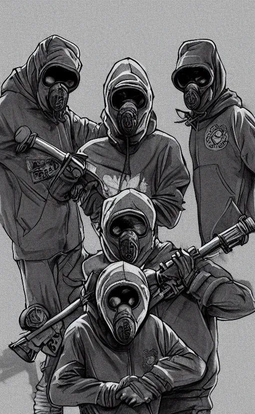 Image similar to wolfs gang, grey blue hoodie, group photo, punk art, warehouse, weapon, drugs, flex box position, grey bandana, gasmask, wolf mask, fiction, stability, intricate, elegant, 8 k, uhd, justify, artstation, concept art, matte, sharp focus, illustration, consistent, highly detailed object content, proportional object content