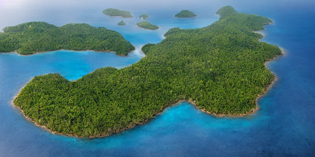 Prompt: National Geographic photograph of a forested island. Ocean in the background. Realistic.