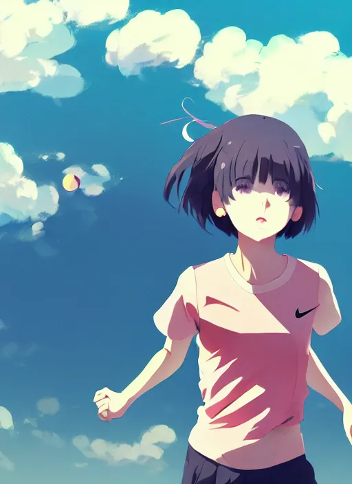 Image similar to portrait of cute high school runner girl, sunny sky background stadium landscape illustration concept art anime key visual trending pixiv fanbox by wlop and greg rutkowski and makoto shinkai and studio ghibli and kyoto animation symmetrical facial features short down hair sports clothing marathon race nike shirt