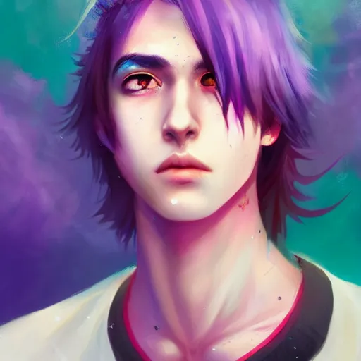 Image similar to colorful and festive captivating teenager boy with straight purple hair, purple eyes with red eye markers, slim body, wearing japanese combat clothes. rich vivid colors, ambient lighting, dynamic lighting, 4 k, atmospheric lighting, painted, intricate, highly detailed by charlie bowater