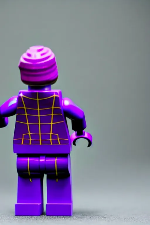 Image similar to closeup studio photograph of a thanos lego mini figurine, depth of field, 5 0 mm, 8 k, soft vignette