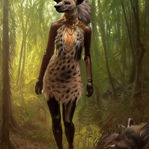 Prompt: photo of a humanoid hyena were a dress in the forest, highly detailed, digital painting, artstation, smooth, sharp focus, illustration, art by artgerm and greg rutkowski and alphonse mucha