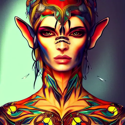 Prompt: masterpiece symmetrical painted portrait of a beautiful elf in a cyberpunk style