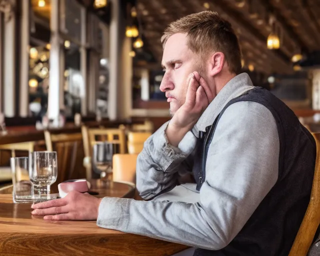 Prompt: 8 5 mm photography of a depressed guy at a restaurant. highly detailed 8 k. intricate. lifelike. soft diffused light. nikon d 8 5 0.