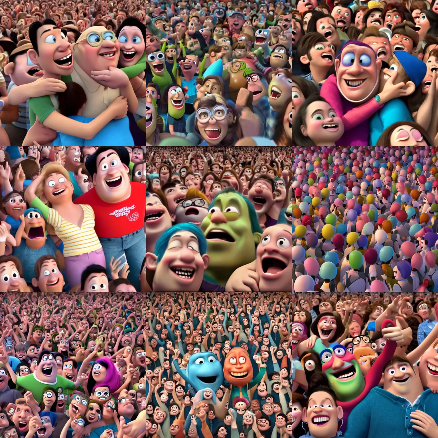 Prompt: laughing people are strongly hugging each other with the crowd, 3 d animated pixar movie by tom mcgrath