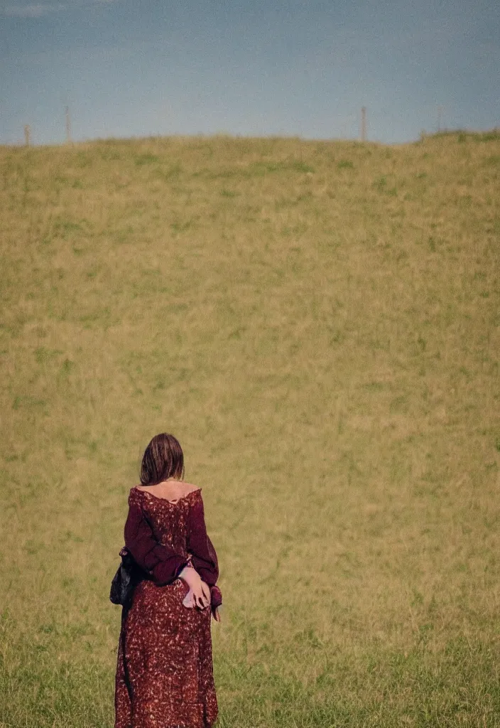 Image similar to “ a sad woman standing in a pasture ”