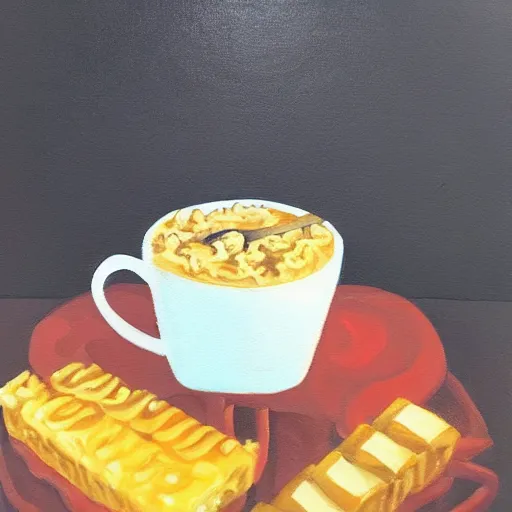 Prompt: a painting of a living box of KD mac and cheese holding a cup of coffee