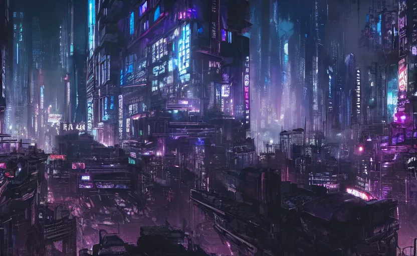 Image similar to detailed landscape of a dystopian cyberpunk city at night. wallpaper. dark blue and purple color palette. hd. artstation.