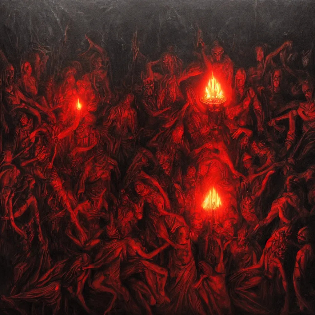 Prompt: members of a blood cult summon a deity, central composition, oil paint, dark and mysterious, atmospheric, ominous, eerie, cinematic, 4k, ultra detail, ultra realistic