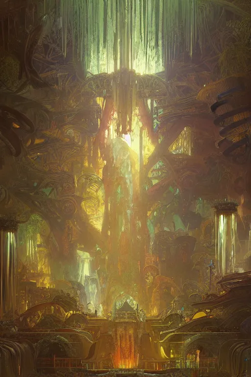 Prompt: Concept Digital Art Highly detailed Alien Art Deco Cybertron lazy river inside of the Palace of the Primes with glowing blood water at night by greg rutkowski, Ilya repin, alphonse mucha, and Edmund Blair Leighton. Very highly detailed 8K, octane, Digital painting, the golden ratio, rational painting, sharp