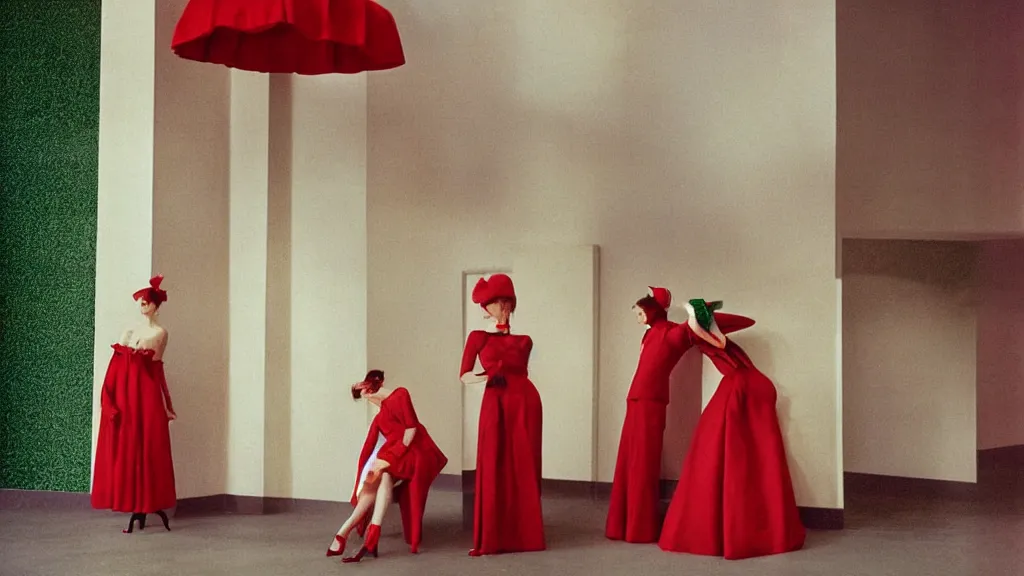 Prompt: Editorial photoshoot for Vogue Italy, haute couture, red and green, 70's, shot on film, photograph inspired by Edward Hopper and René Magritte, editorial photoshoot photographed by Tim Walker