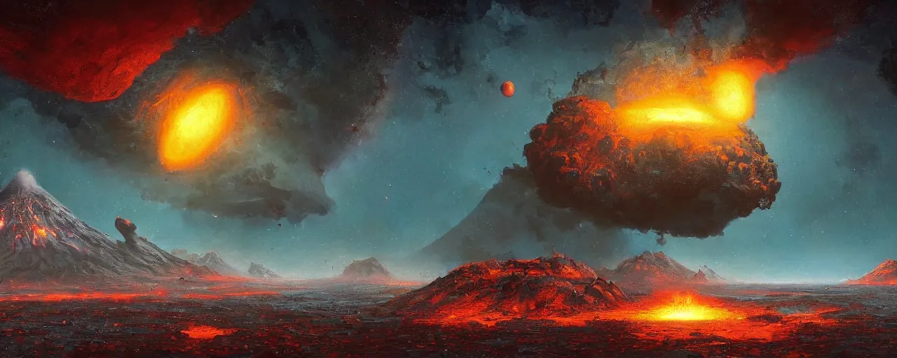 Image similar to ” outer planet with erupting volcanoes, [ art by paul lehr, cinematic, detailed, epic, widescreen, opening, establishing, mattepainting, photorealistic, realistic textures, octane render ] ”