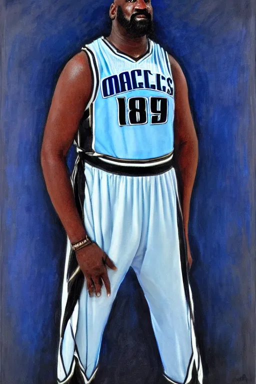 Image similar to full body portrait of shaquille o'neil as the dictator of the orlando magic, 1 8 8 9, in full military garb, magic blue, silver, and black, oil on canvas by william sidney mount, trending on artstation