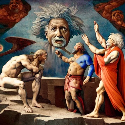 Prompt: Einstein talking with Thor and Prometheus about nuclear physics, in the style of the cistine chapel by Michelangelo