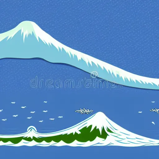 Prompt: giant tsunami wave that is 20 miles high, approaching about to crash into a small coastal town. miniature buildings compared to giant waves are so tall, they seem to touch the sky, large scale image, color vector illustration