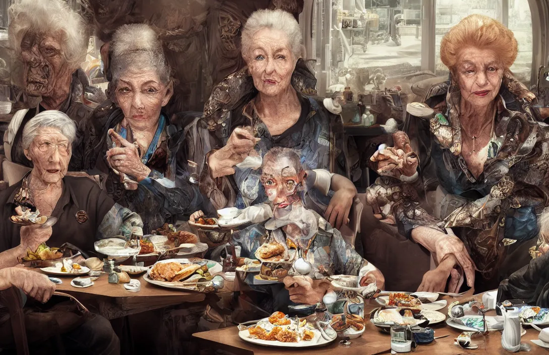 Image similar to portrait of mirta legrand old lady with cibernetic eye sitting at the table having lunch with cyborgs. centered. digital art. hyperrealistic, hyperdetailed. 4 k octane render