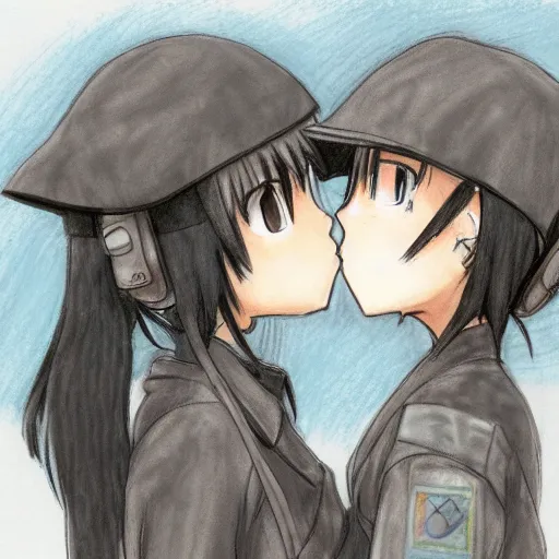 Prompt: colored pencil sketch of girls last tour chito and yuuri kissing