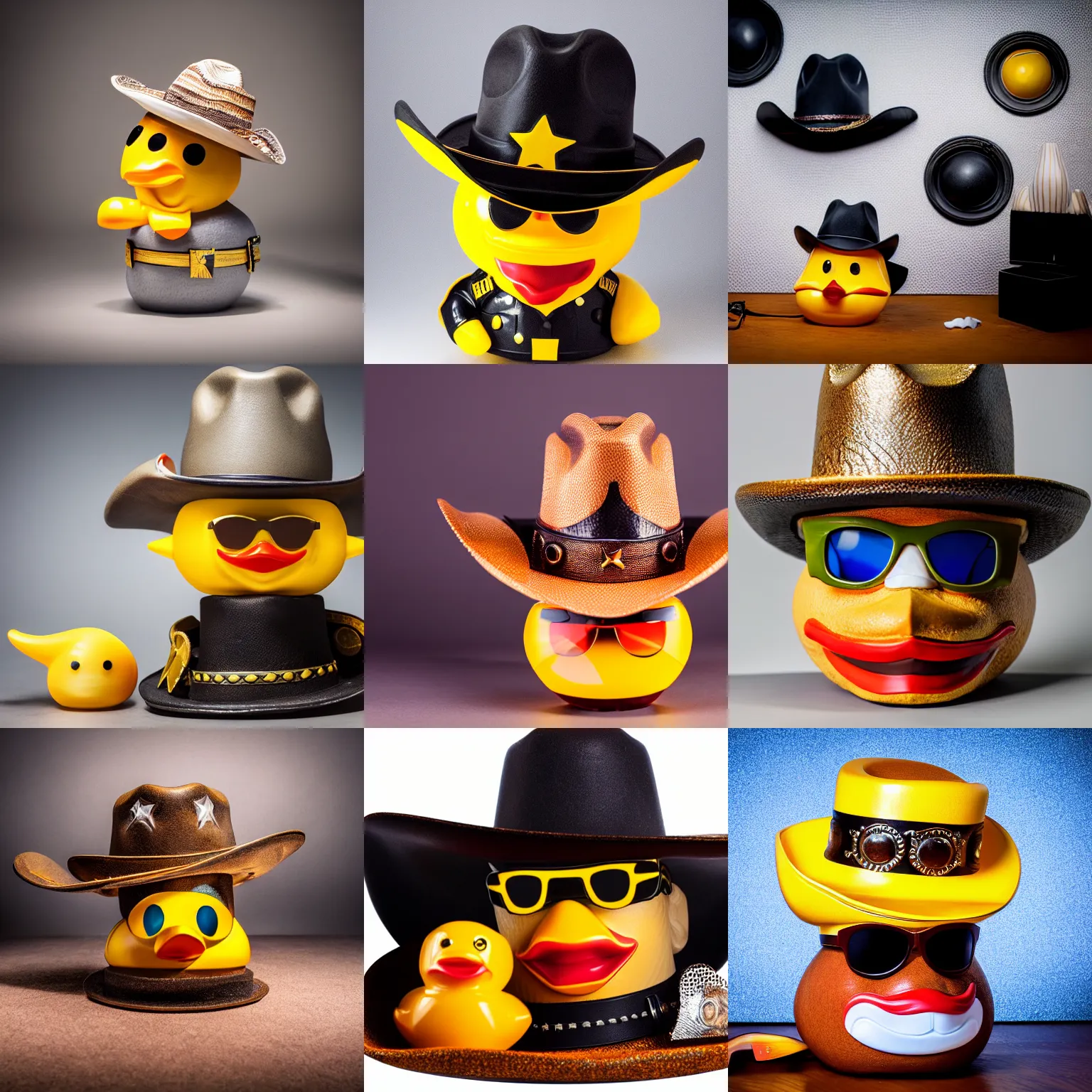 Prompt: a studio photography of a sheriff cowboy rubber duck dressed in a cowboy hat and sunglasses, higly detailed, studio lighting, clear photo, photo taken from professional 4 k camera