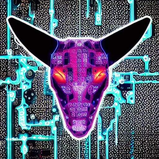 Image similar to cybernetic evil goat head merged with complex circuitry and machinery, multicolored