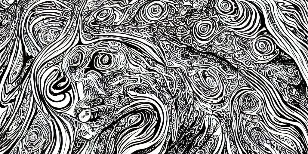 Image similar to bold black and white illustrated artwork thick lines psychedelic shaman