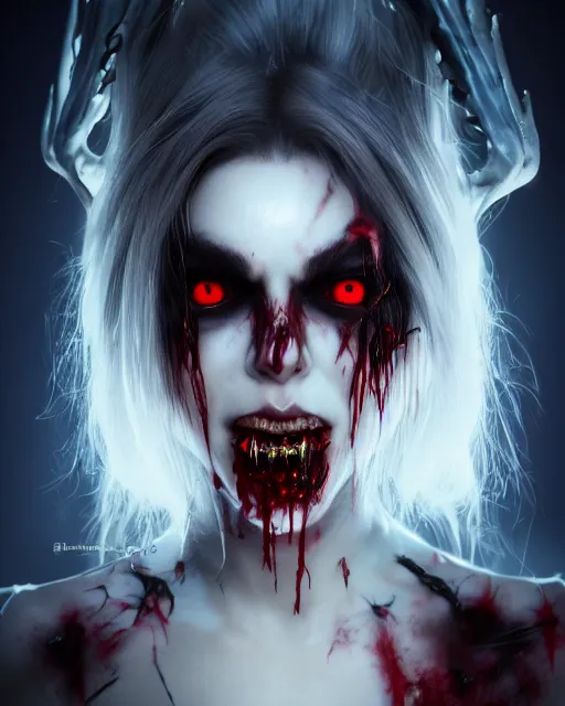 Prompt: beautiful headshot of the psychotic nightmare queen, bleeding eyes, melting features, black sclera, realistic render, unreal engine, cgsociety, trending on deviantart, cinematic lighting, highly detailed