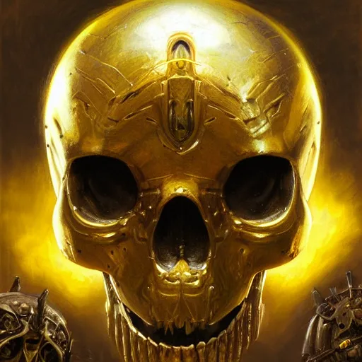 Prompt: three quarter view of gold skull helmet face mask by donato giancola and greg rutkowski, vintage retro scifi, realistic face, digital art, trending on artstation
