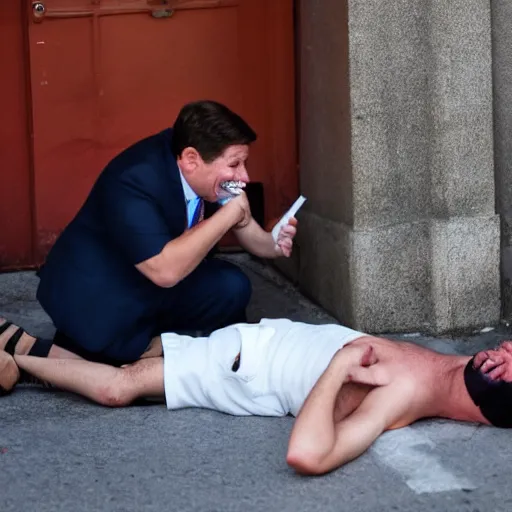 Prompt: ron desantis laughing at poor person laying on the street by studio ghibli