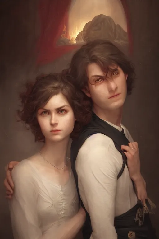 Image similar to a portrait of Satan and his wife, white eyes, bored, illustration, soft lighting, soft details, painting oil on canvas, octane render, HDR, 4k, 8k, HD, by Edmund Blair Leighton, Brom, Charlie Bowater, trending on artstation,