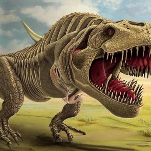 Prompt: a highly detailed photo realistic scientific illustration of a T. Rex in its natural habitat