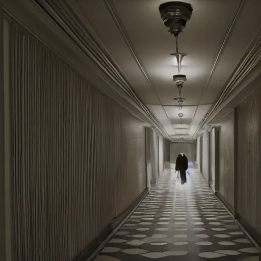 Image similar to dolly zoom stretch shot of a impossibly long hallway at the overlook hotel from the movie the shining, moody lighting, smoke effects, strobe lights, particle effects, atmospheric, in the style of stanley kubrick - h 6 4 0