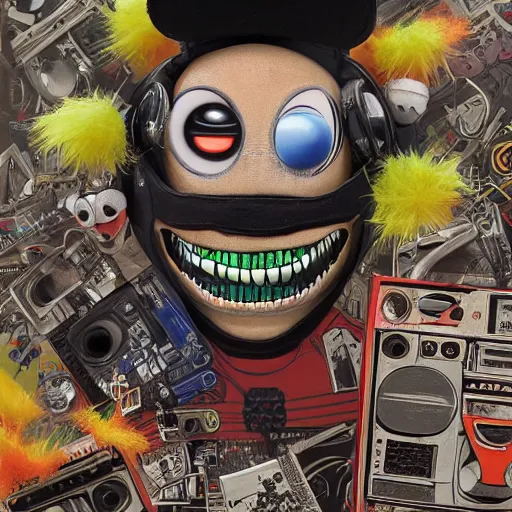 Image similar to a portrait of an anthropomorphic tennis ball monster by sandra chevrier, detailed render, tape deck, boombox, headphones, epic composition, cybernetics, 4 k realistic, cryengine, realistic shaded lighting, sharp focus, masterpiece, by matteo scalera, gary montalbano, peter elson in the style of the tokyo ghost comic