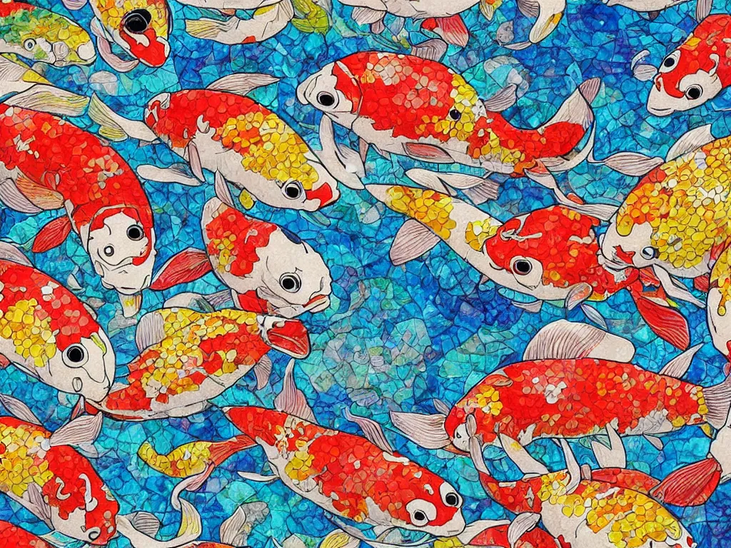 Image similar to breathtaking detailed concept art painting kaleidoscope of koi carp collage illustration pattern, 1 5 0 mm, tiny, small, miniature, short, cute and adorable, digital painting, highly detailed, intricate, elegant, artstation, concept art, colorful, beautiful, studio ghibli, aoshima chiho, takashi murakami, manga, cute and adorable