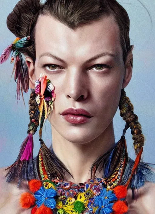 Image similar to beautiful portrait of Milla Jovovich wearing fantastic Hand-dyed cotton dress,embellished beaded feather decorative fringe knots ,colorful pigtail,subtropical flowers and plants, 18 years old, dramatic,symmetrical face,intricate,elegant,highly detailed,8k,post-processing,digital painting,trending on pinterest, GUCCI,PRADA,concept art, sharp focus, illustration, by artgerm,Tom Bagshaw,Lawrence Alma-Tadema,greg rutkowski,alphonse Mucha